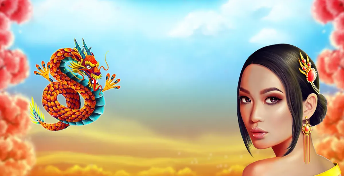 Illustration of a stylised Asian-inspired dragon floating in a bright sky on the left, with a detailed portrait of a woman wearing ornate gold-and-red hair jewellery and long earrings on the right, framed by soft pink blossoms.