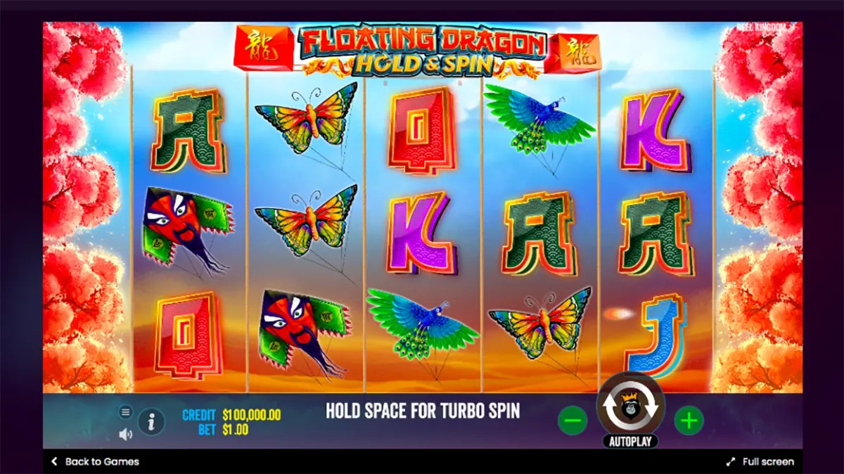 Colourful “Floating Dragon Hold & Spin” slot game screen showing five reels with butterflies, peacocks, kites and playing-card symbols, framed by pink blossoms and a blue sky background, with credit/bet values and spin controls along the bottom.