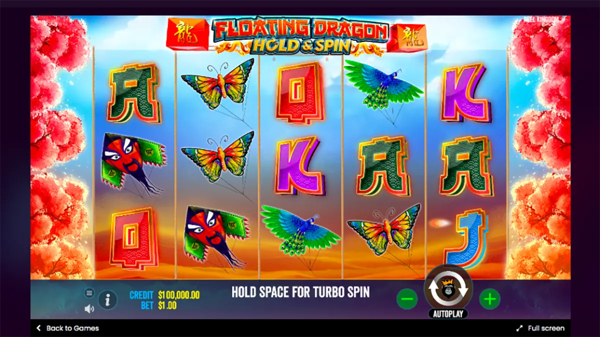 Colourful “Floating Dragon Hold & Spin” slot game screen showing five reels with butterflies, peacocks, kites and playing-card symbols, framed by pink blossoms and a blue sky background, with credit/bet values and spin controls along the bottom.